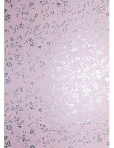 Papier ozdobny dekoracyjny metalizowany ciemny różowy - srebrne kwiatki 18x25 5szt.
