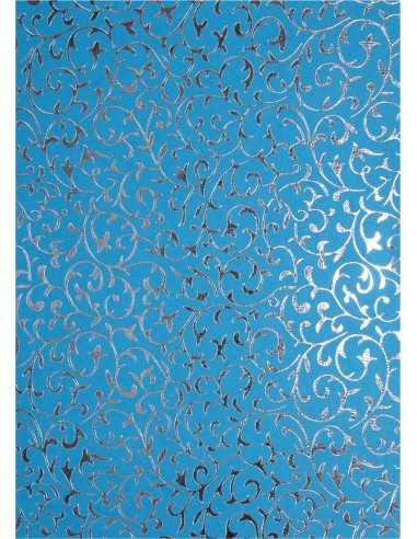 Papier ozdobny dekoracyjny niebieski - srebrna koronka 56x76cm