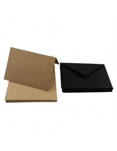 Zestaw papier ozdobny gładki ekologiczny Kraft EKO PLUS 340g brązowy bigowany + koperta C6 Nero czarna 25szt.